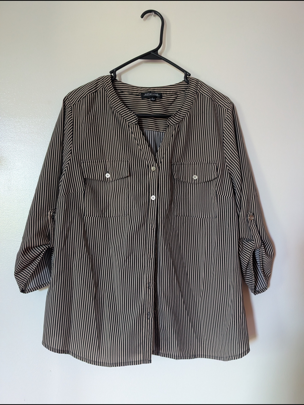 Notations Black and White Striped Button-Up Blouse
